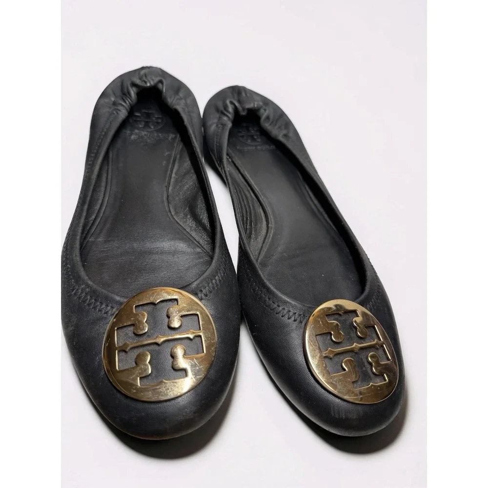 Tory Burch Reva Ballet Flats Gold Medallion Black Leather Comfy Stretch Size 10